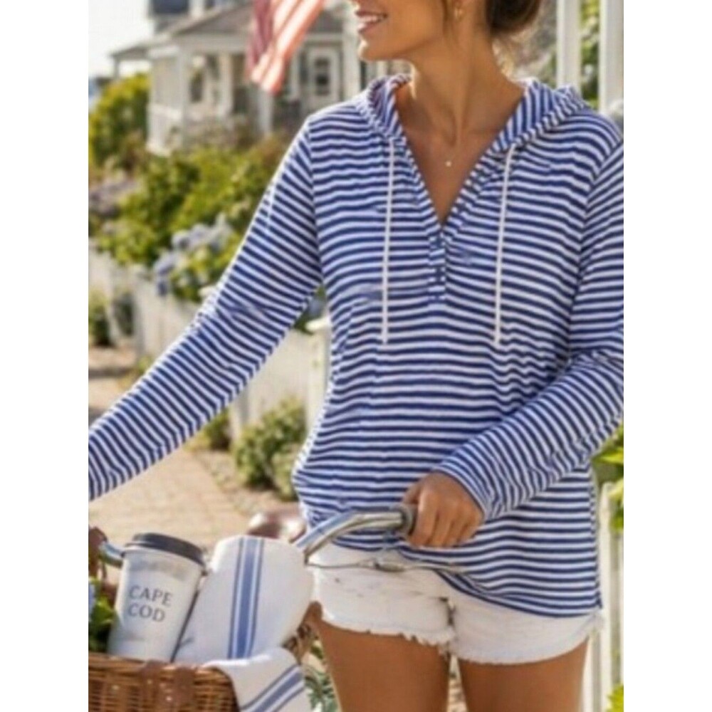 Calvin Klein M Blue White Striped Henley Hoodie Sweatshirt Shirt Tunic 3/4 Sleev